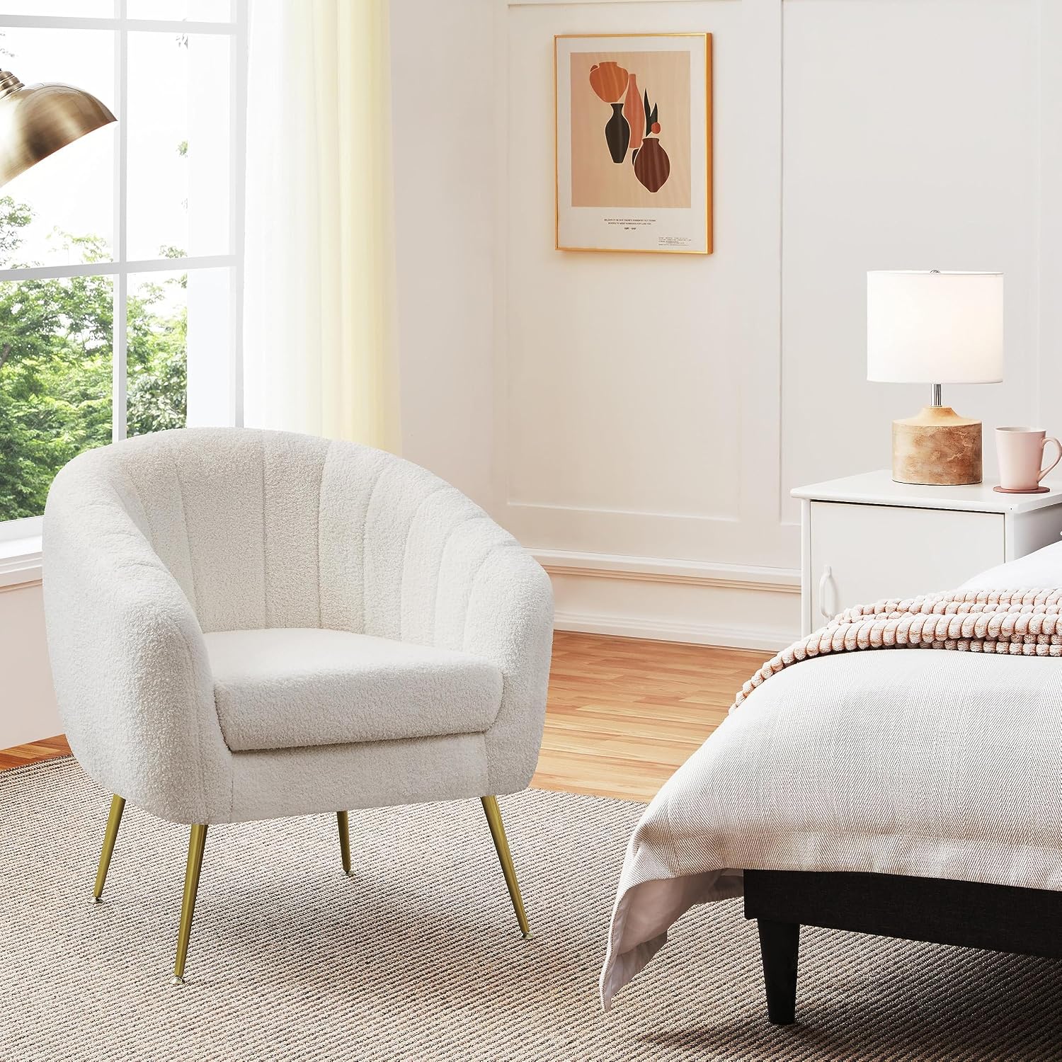 Ivory Boucle Barrel Chairs 2 Pack Gold Legs